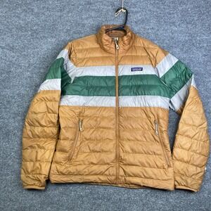 Patagonia Mens Down Sweater Jacket Small Tan Green Grey Puffer Full Zip 84674
